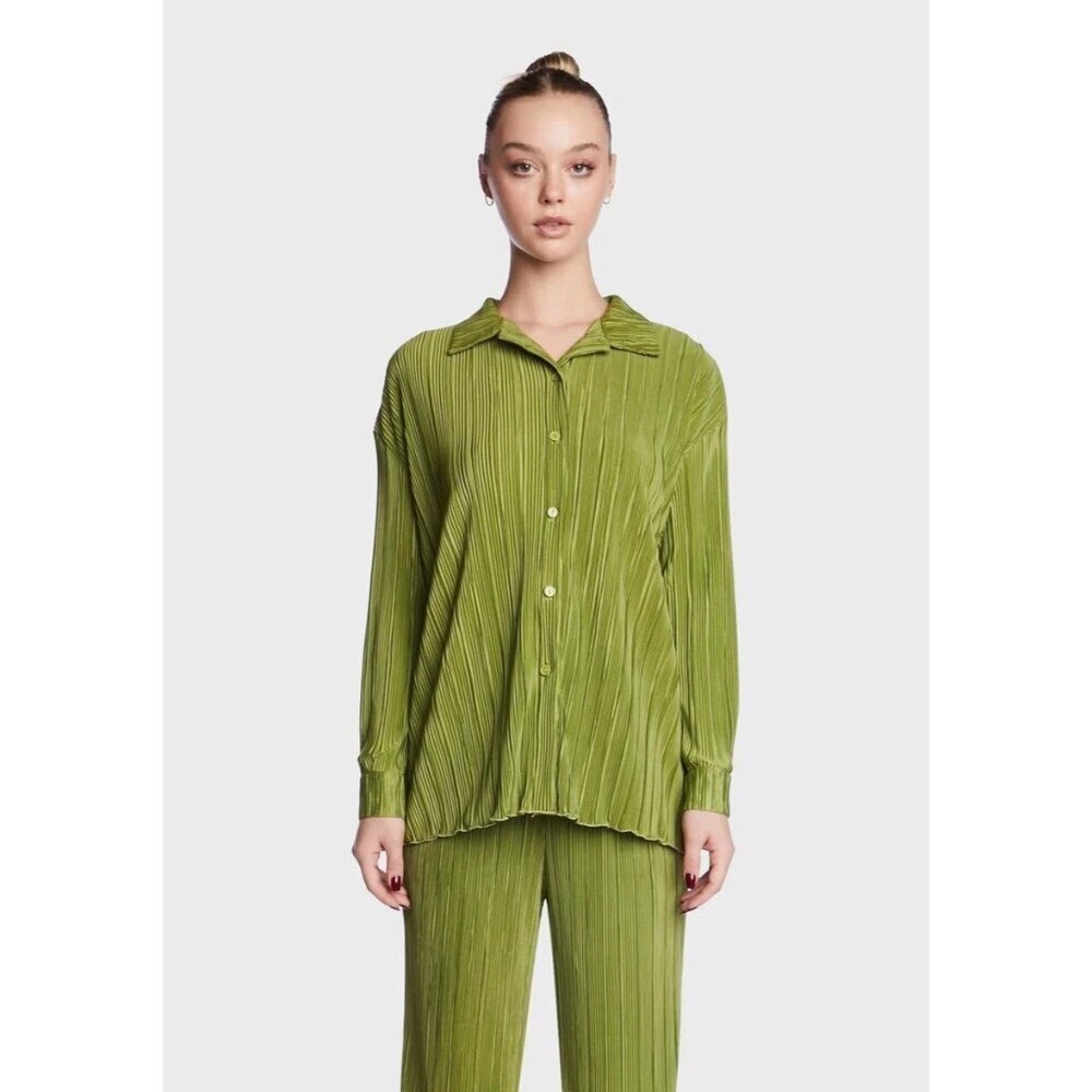 Good‎ American Blouse Shirt Green Kiwi Pleated Long Sleeve Size 1/2 (S-M) NWT